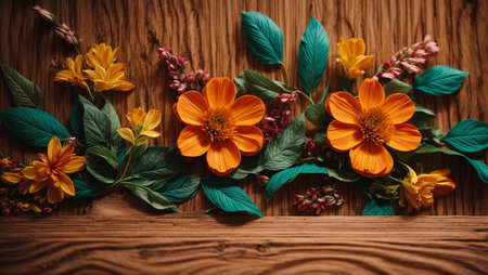 Beautiful flowers on a wooden background. Flat lay, top view.の素材
