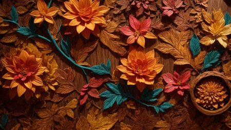 Dahlia flowers on wooden background. Colorful autumn leaves.の素材