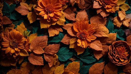 Dahlia flowers on autumn leaves background. Autumn floral background.の素材