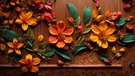 Flowers and leaves on a wooden background. Flat lay, top view.の素材