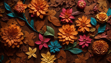 Colorful autumn flowers on wooden background. Flat lay, top viewの素材