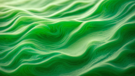Abstract green background with wavy lines. Texture of the fabric.の素材