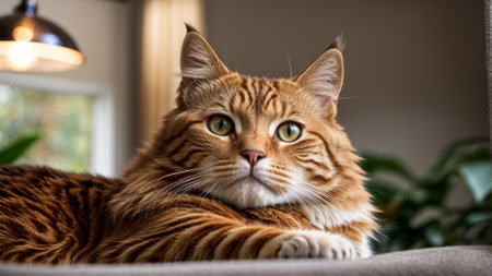 Beautiful ginger cat lying on the sofa and looking at the cameraの素材