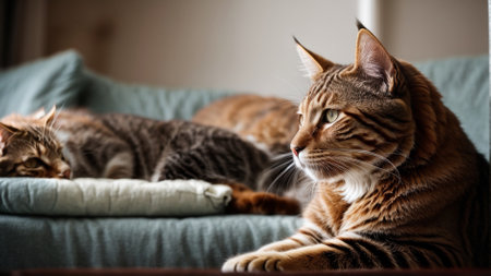 Cute tabby cat sleeping on sofa at home, closeupの素材