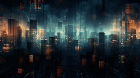 Abstract city background with glowing lights and lines. 3d render illustrationの素材