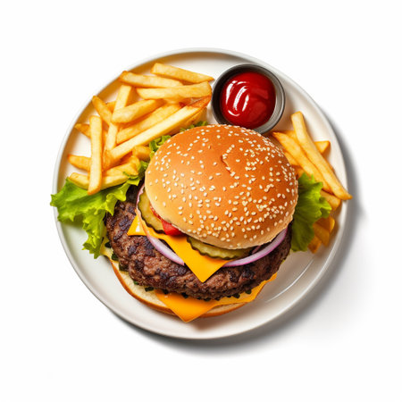 Cheese burger - American cheese burger with Golden French fries isolated on white backgroundの素材