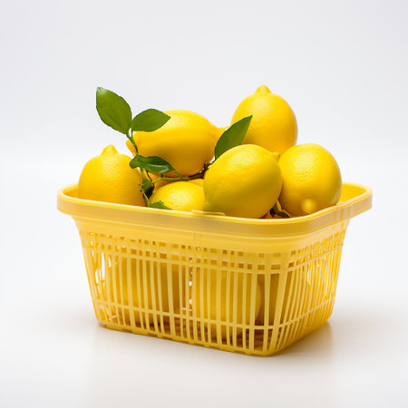 Lemons in a yellow plastic basket on a white background.の素材
