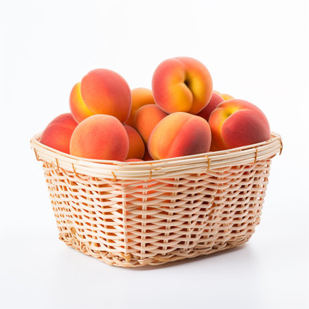 Ripe apricots in a wicker basket on a white backgroundの素材