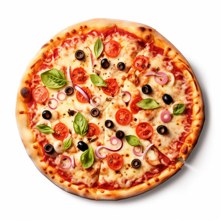 Pizza with mozzarella, tomatoes, olives and basil isolated on white backgroundの素材