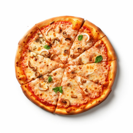 Pizza with mushrooms and cheese isolated on white background, top viewの素材