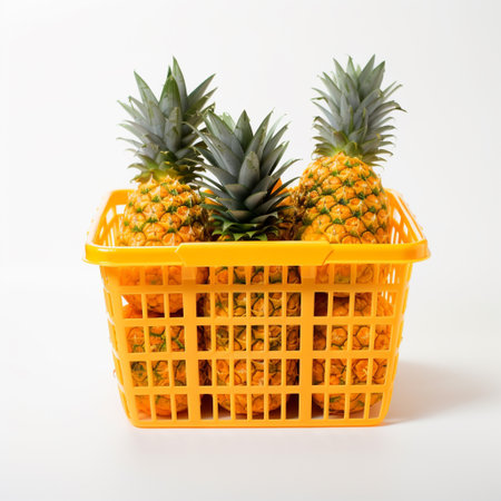 Pineapples in a basket isolated on white background, studio shotの素材