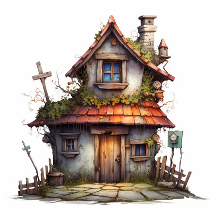 Old house in the village. Watercolor illustration on white background.の素材