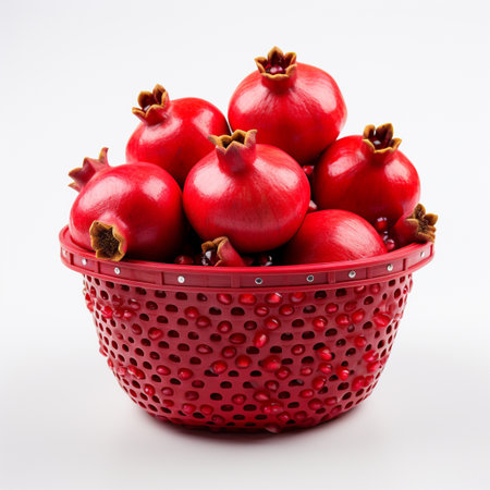 Pomegranate fruit in a red basket on a white backgroundの素材