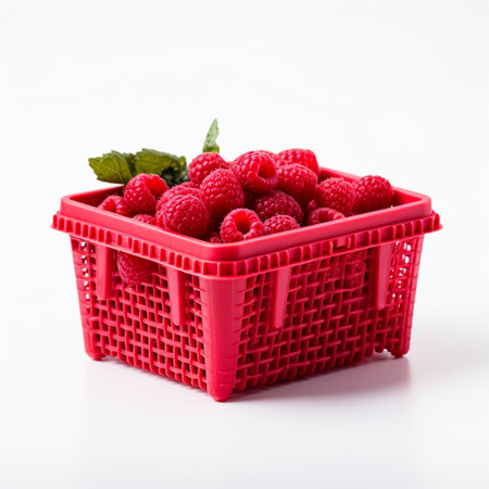 Raspberries in a red plastic basket on a white background.の素材