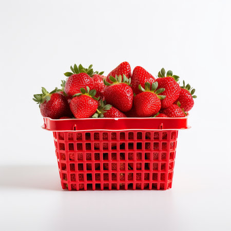 Strawberries in a red plastic basket on a white background.の素材