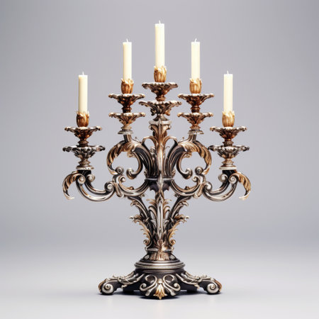 Vintage candlestick with burning candles on a gray background.の素材