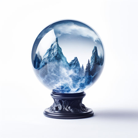 crystal ball with forest and mountains on the white background. 3d illustrationの素材