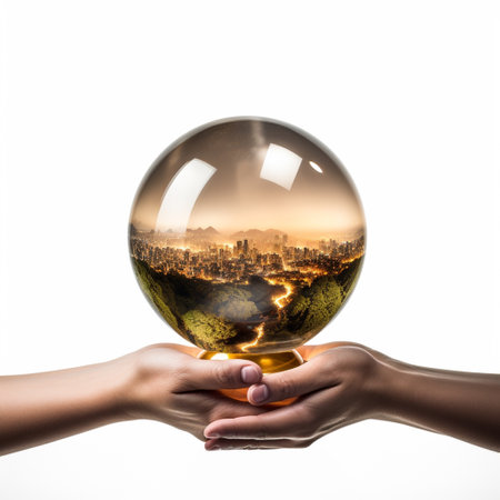 Close up of human hands holding glass ball with nature cityscape insideの素材