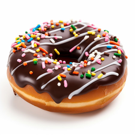 Donut with chocolate glaze and colorful sprinkles isolated on white backgroundの素材