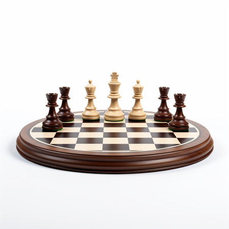 Wooden chess board with chess pieces isolated on white background. 3d illustrationの素材