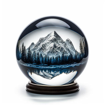 crystal ball with forest and mountains in it isolated on white backgroundの素材