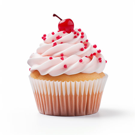 Cupcake with cherry isolated on white background. 3d illustrationの素材