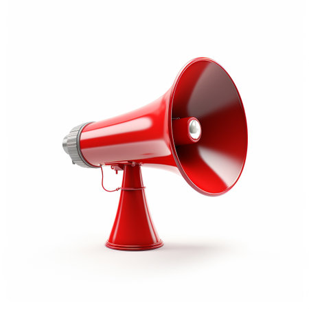 Red megaphone isolated on white background. 3D illustration.の素材