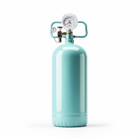 Blue gas cylinder isolated on white background. 3D illustration. Studio shot.の素材