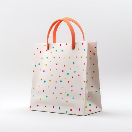 Paper shopping bag with colorful polka dots isolated on white background.の素材