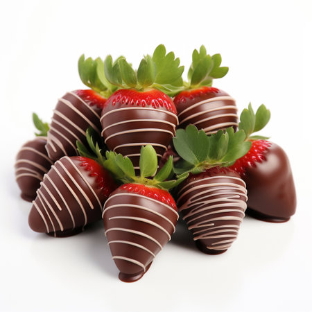 strawberries covered with chocolate and garnished with parsley on a white backgroundの素材