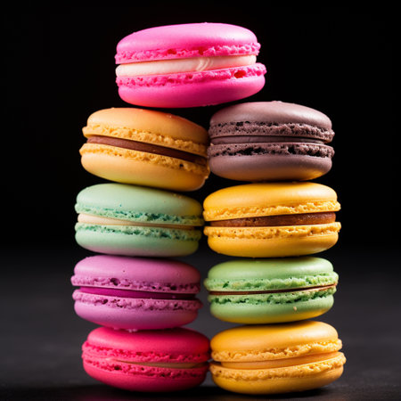 Colorful macaroons on a black background. Selective focus.の素材