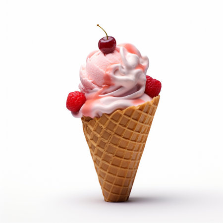 Ice cream in waffle cone with cherry and raspberry on white backgroundの素材