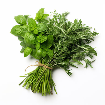 Fresh herbs isolated on white background. Basil, rosemary, oregano, thyme, parsleyの素材