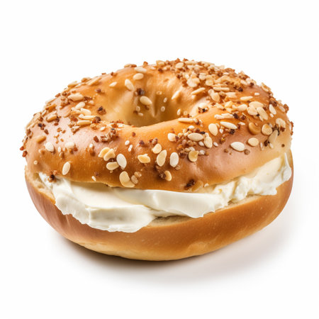 Bagel with cream cheese and sesame seeds isolated on white backgroundの素材