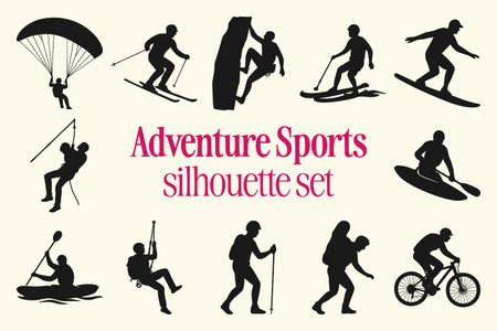 Active sports silhouettes. Skier, skier, snowboarder, paraglider. Vector illustrationのイラスト素材