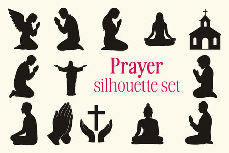 Prayer icons set. Christian symbols. Silhouettes of people. Vector illustrationのイラスト素材
