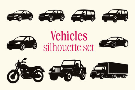 Set of silhouettes of different types of vehicles. Vector illustration.のイラスト素材