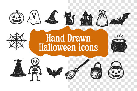 Halloween doodle icons set. Hand drawn vector illustration.のイラスト素材