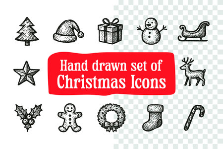 Hand drawn christmas doodle icons set. Vector illustration.のイラスト素材