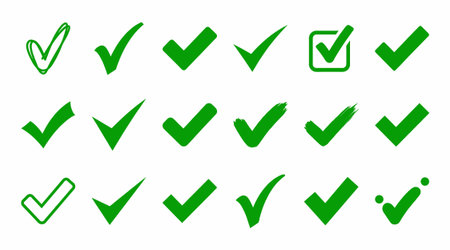 Set of green check mark icons on white background. Vector illustration.