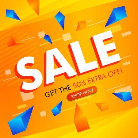 Sale Banner on Orange Yellow Color Vector Background Design Template in 3d look with 50% extra Off. Sale Banner isometric view form Top.のイラスト素材