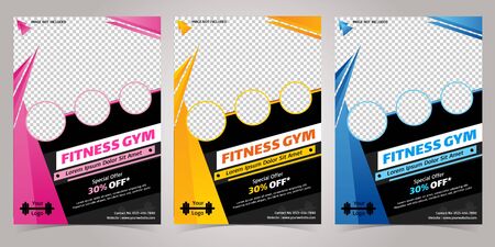 Pink, Yellow and Blue Multi color fitness Club body building and gym flyer A4 size template Pamphlet or flyer banner in one file, You can easily put four Photos in it.のイラスト素材
