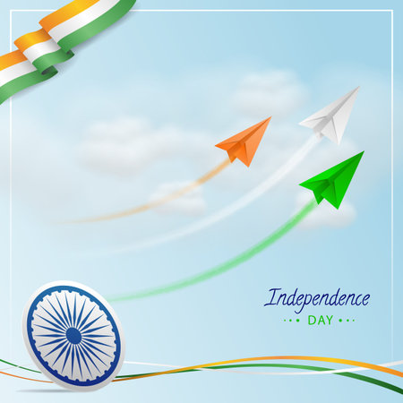 Indian Independence Day with Indian Tri colors flying Paper Jet Planes with Trails, Ashoka wheel,...