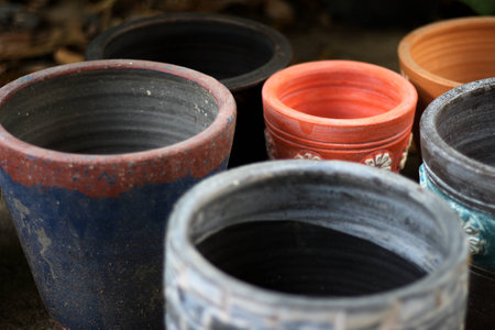 Conglomeration of colorful flowerpot with different.の写真素材