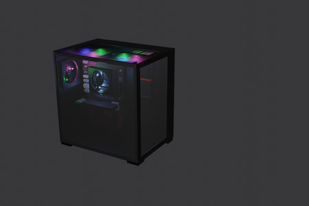 3D rendering of a black personal computer case with colorful lights on black background.の写真素材