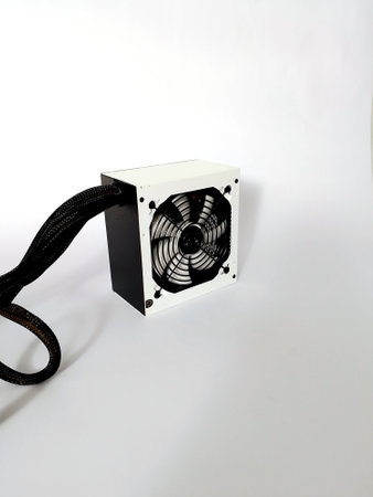 Power supply White box with wires on a white background. Side view.の写真素材