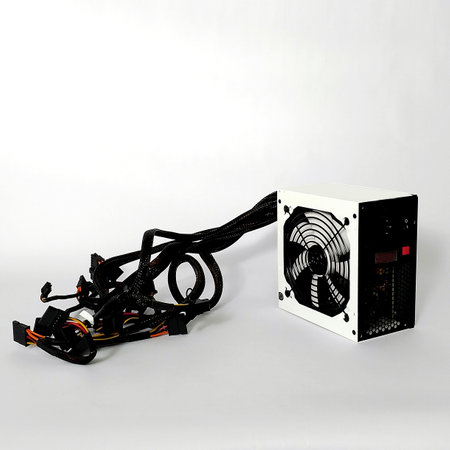 Power supply White box with wires on a white background. Side view.の写真素材