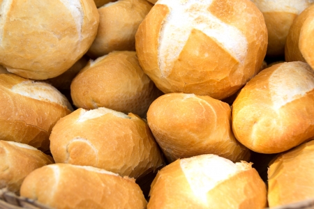 Fresh baguettes, tradiotional French bread at a market in Loaの写真素材