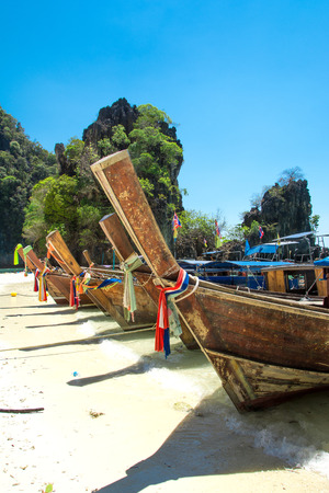 Long tail boat on tropical beach , Krabi, Thailandの写真素材