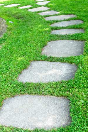 Cement footpath in green grassの写真素材